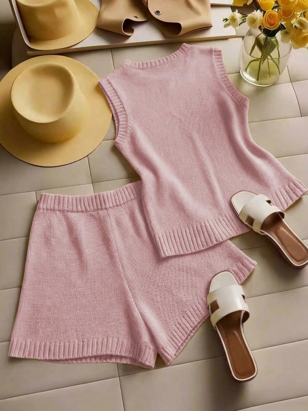Pink Casual Women's Single-Breasted Knit Cardigan & Shorts 2-Piece Sweater Set - Picture 2 of 6